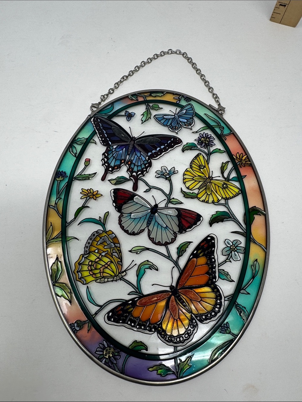 AMIA STAINED GLASS SUNCATCHER HAND PAINTED BUTTERFLIES FLORAL OVAL BOHO